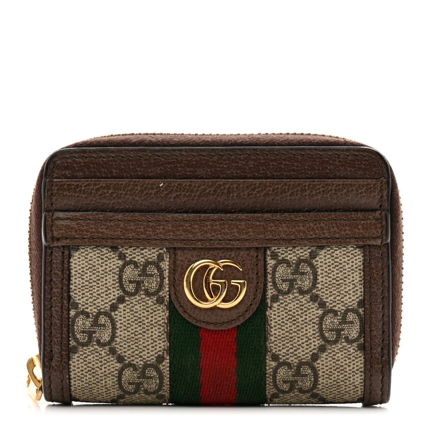 GG Supreme Monogram Textured Dollar Calfskin Web Ophidia Zip Around Card Case Wallet Beige Ebony New Acero