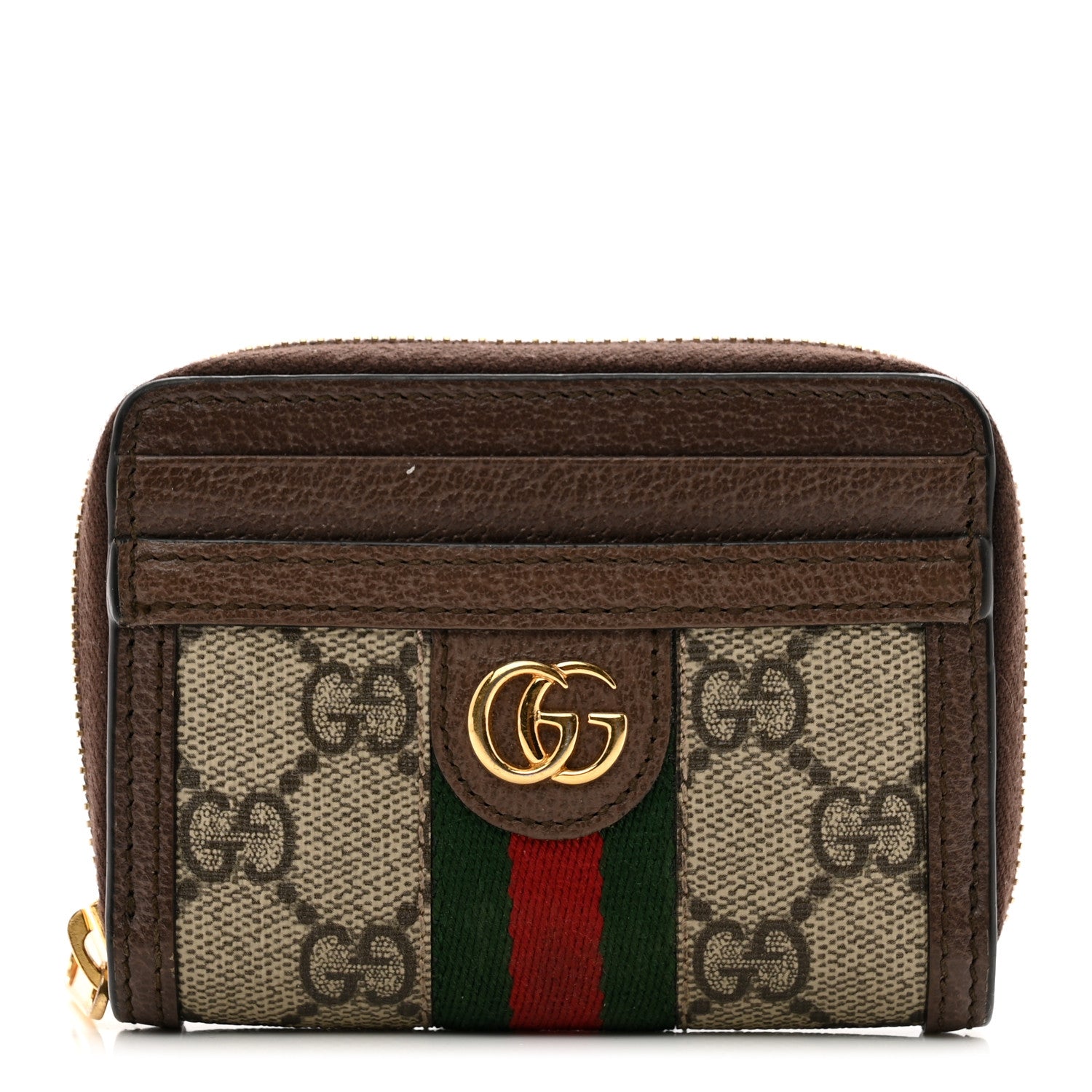 Gucci GG Supreme Monogram Textured Dollar Calfskin Web Ophidia Zip Around Card Case Wallet Beige Ebony New Acero 1 of 7