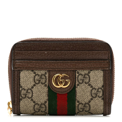 Gucci GG Supreme Monogram Textured Dollar Calfskin Web Ophidia Zip Around Card Case Wallet Beige Ebony New Acero 1 of 7