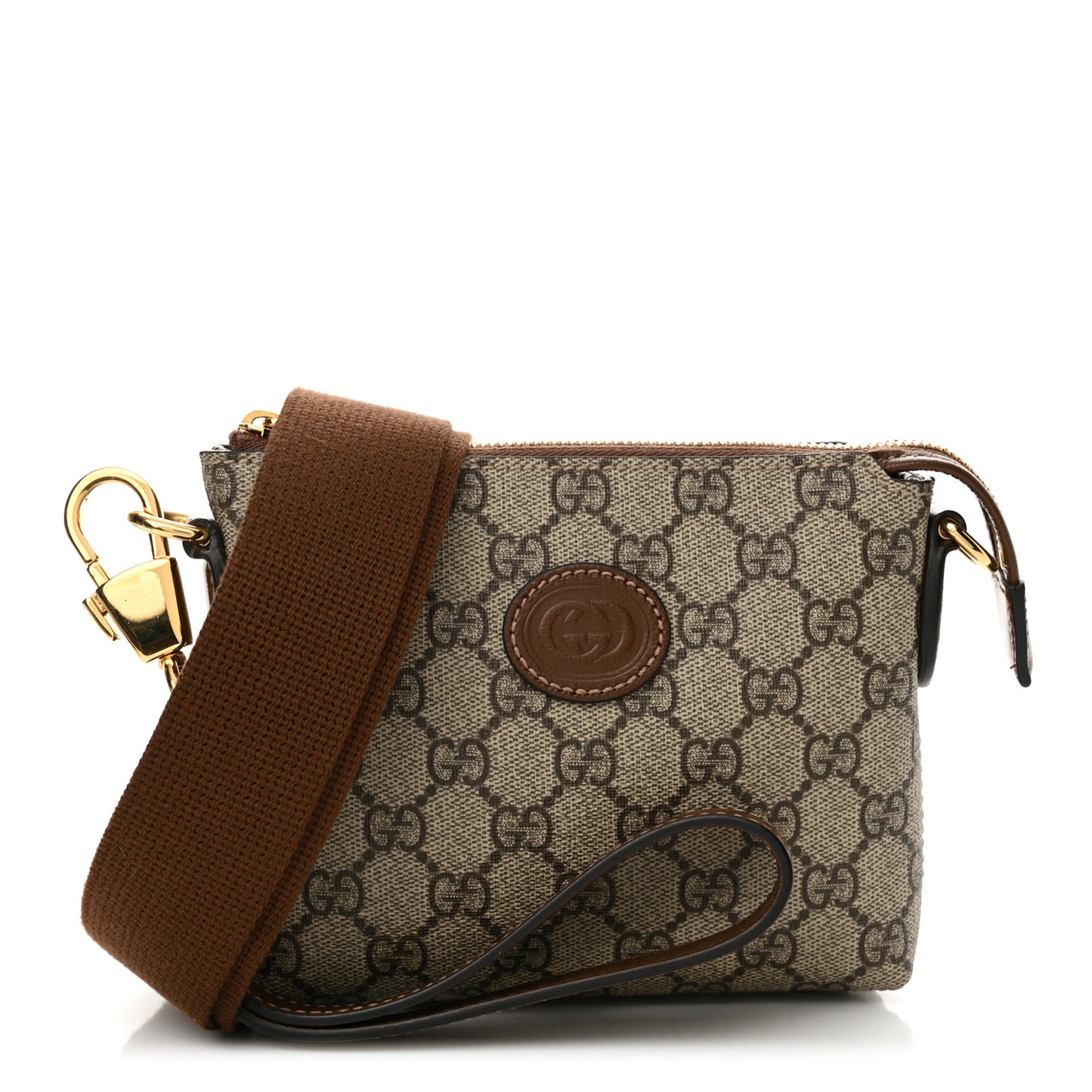 GG Supreme Monogram Azalea Calfskin Small Retro Interlocking G Wristlet Messenger Bag Beige Ebony Brown Sugar