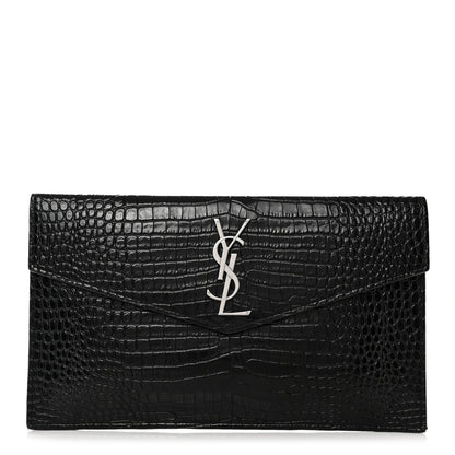 Saint Laurent Calfskin Crocodile Embossed Uptown Monogram Pouch Black 1 of 7