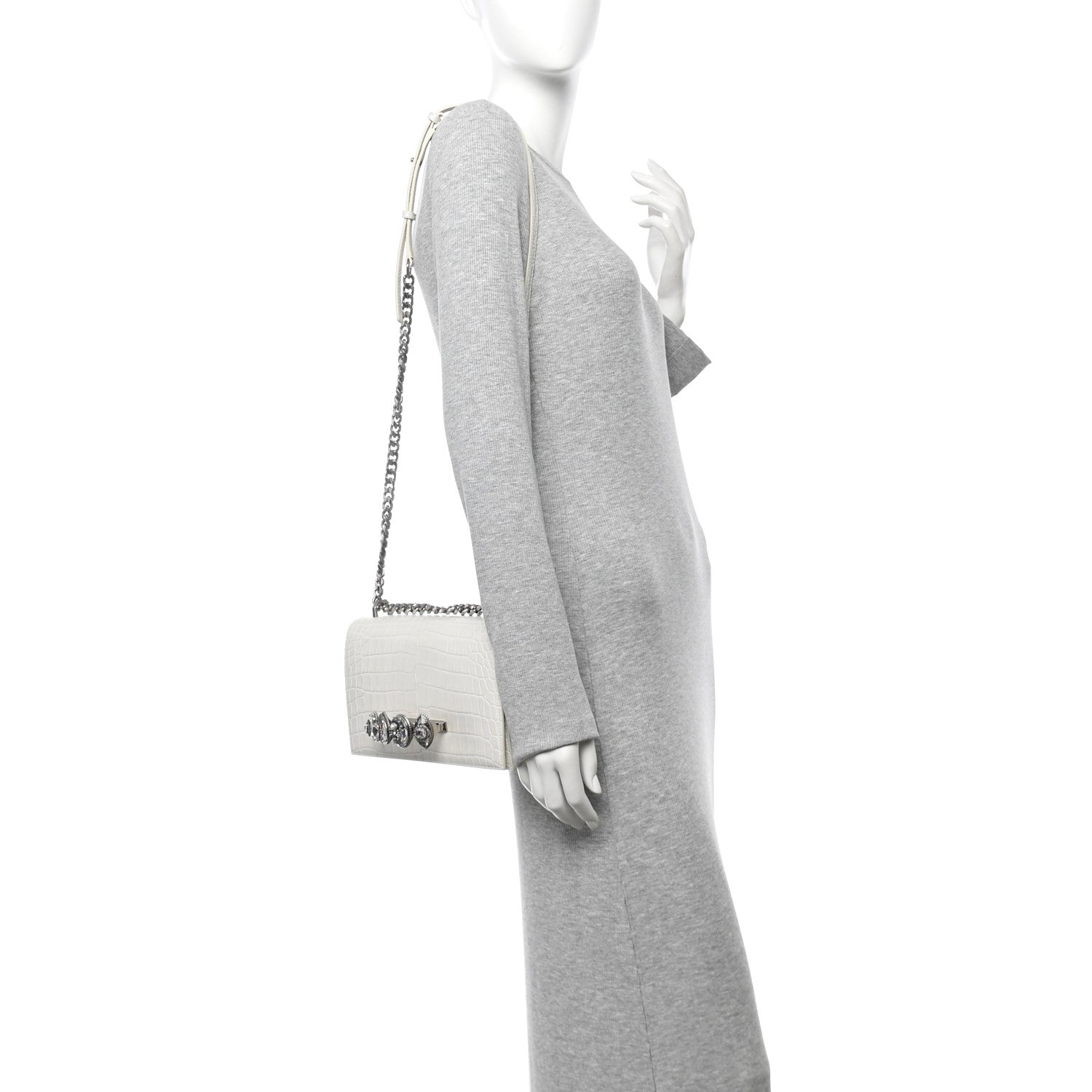 Alexander McQueen Shiny Calfskin Crocodile Embossed Knuckle Jeweled Crossbody White 2 of 11