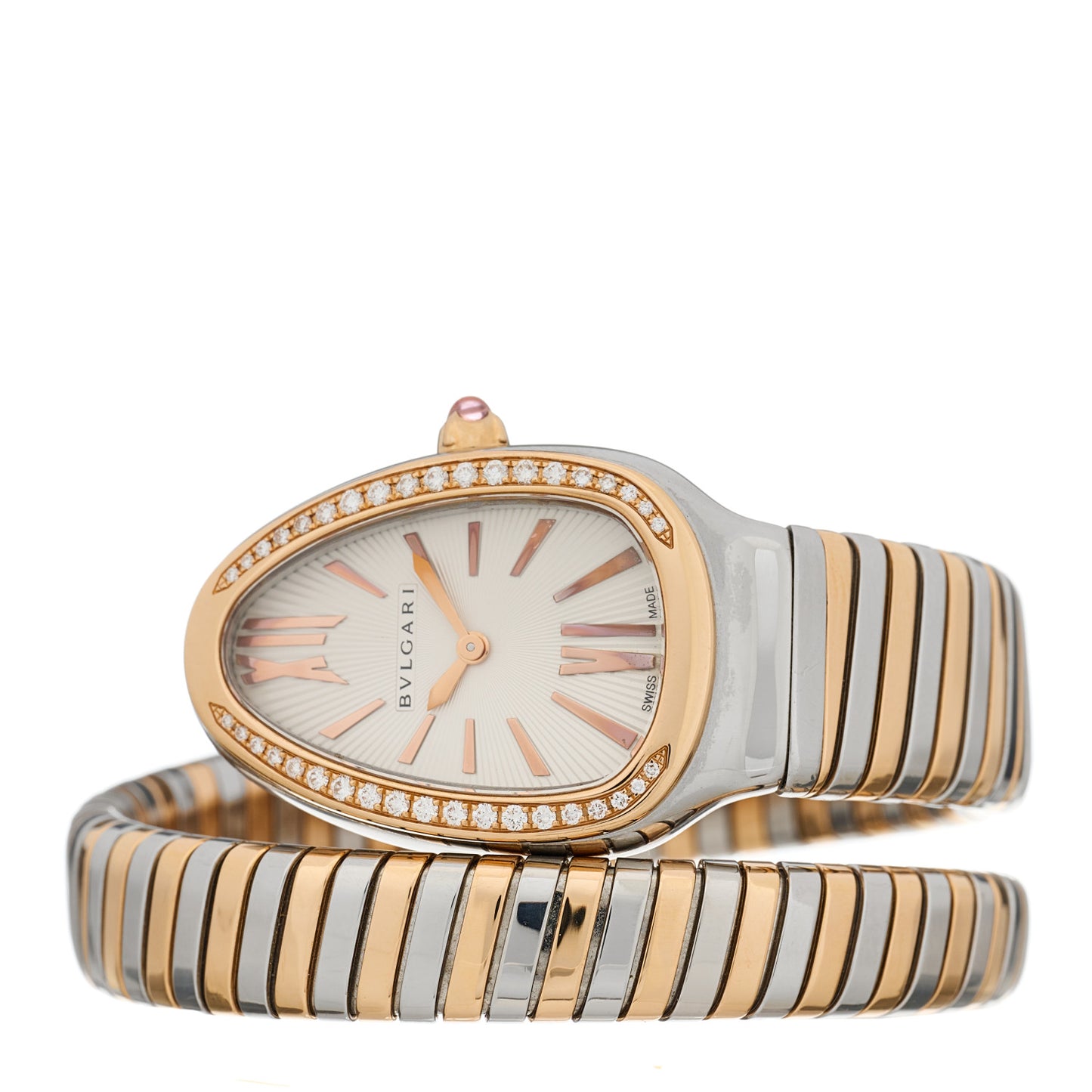 Stainless Steel 18K Rose Gold Diamond Bezel 35mm Serpenti Tubogas Quartz Watch