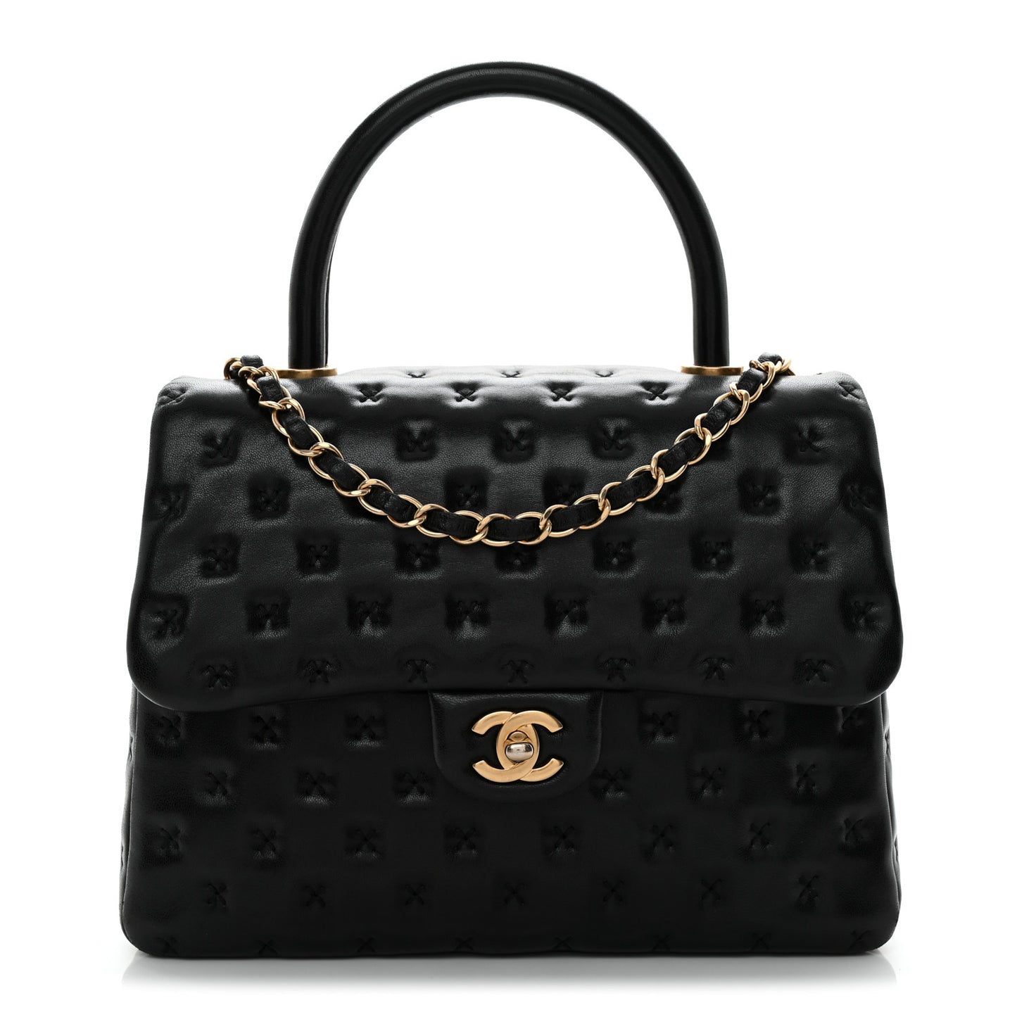 Lambskin Cross Stitch Small Coco Handle Flap Dark Black