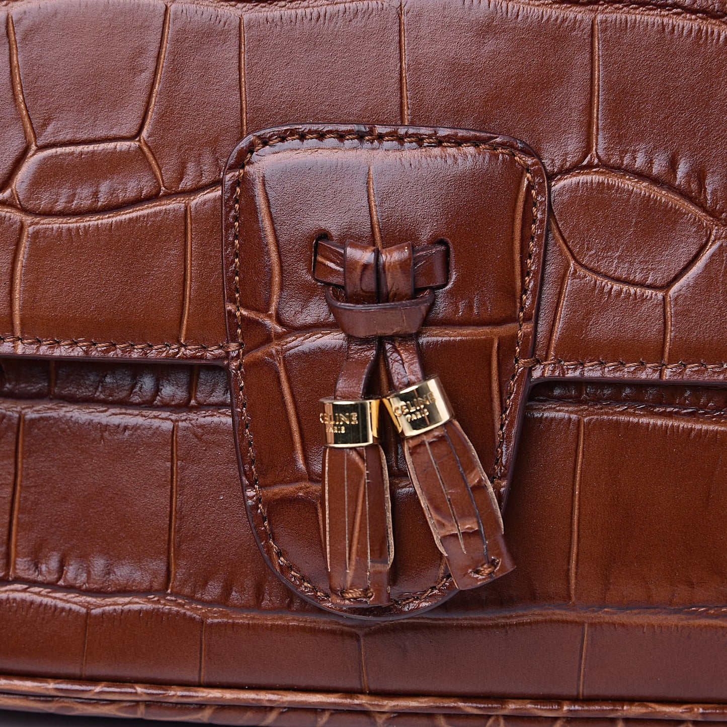 Calfskin Crocodile Embossed Medium Tassel Bag Tan