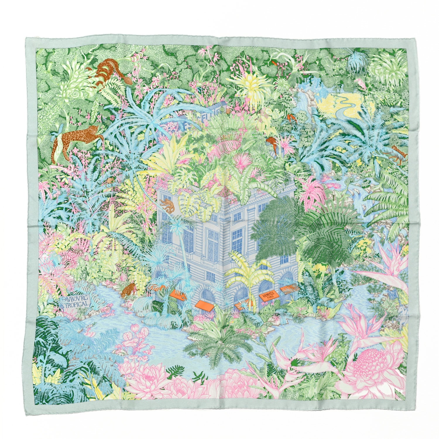 Hermes Silk Twill Faubourg Tropical Scarf 90 Bleu Vert Jaune 1 of 6