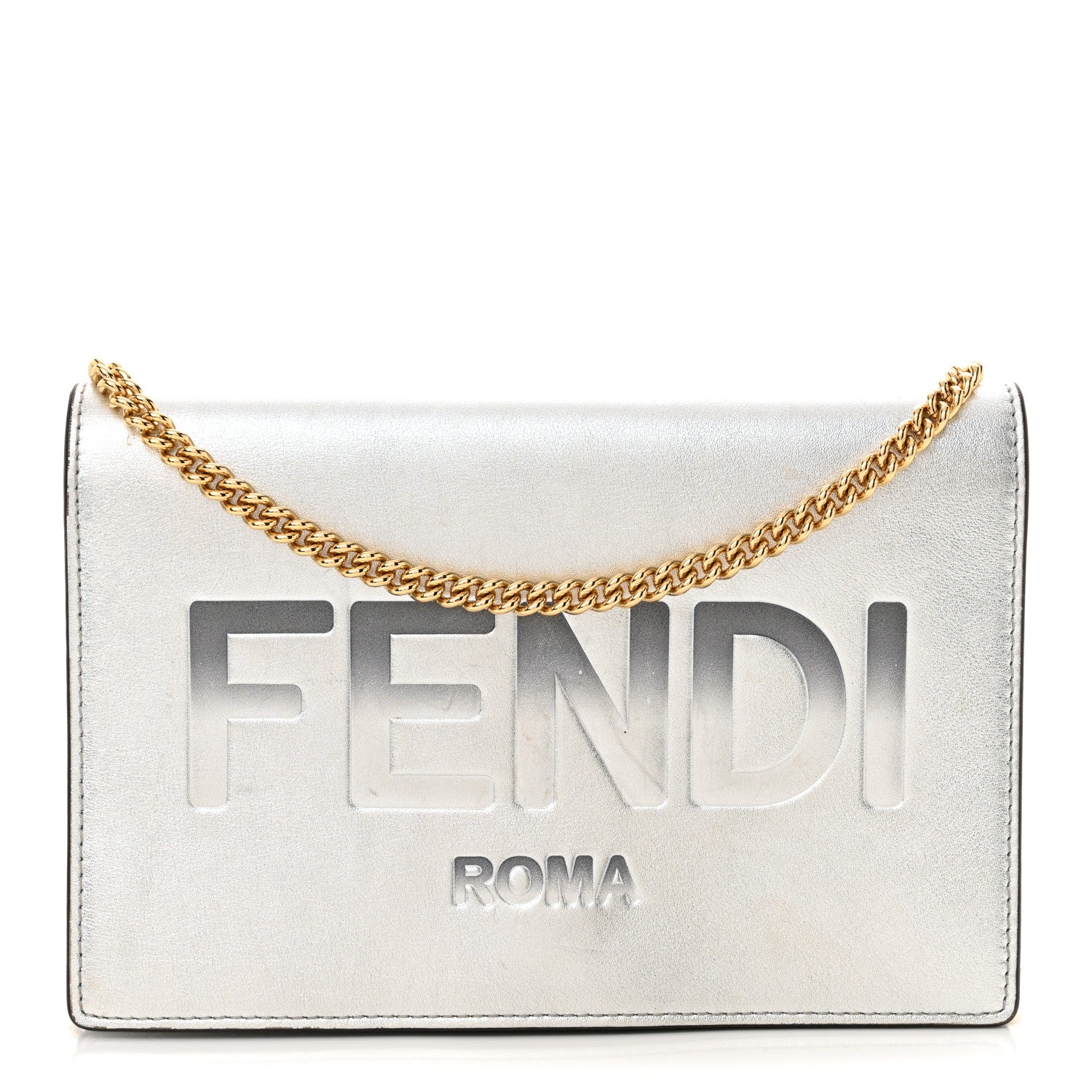 Fendi Vitello Catalan Mirror Logo Embossed Medium Wallet On Chain Argento 1 of 17