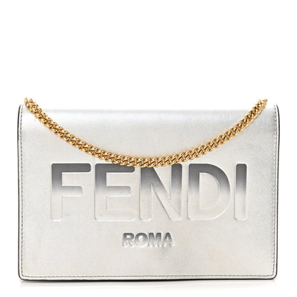 Fendi Vitello Catalan Mirror Logo Embossed Medium Wallet On Chain Argento 1 of 17