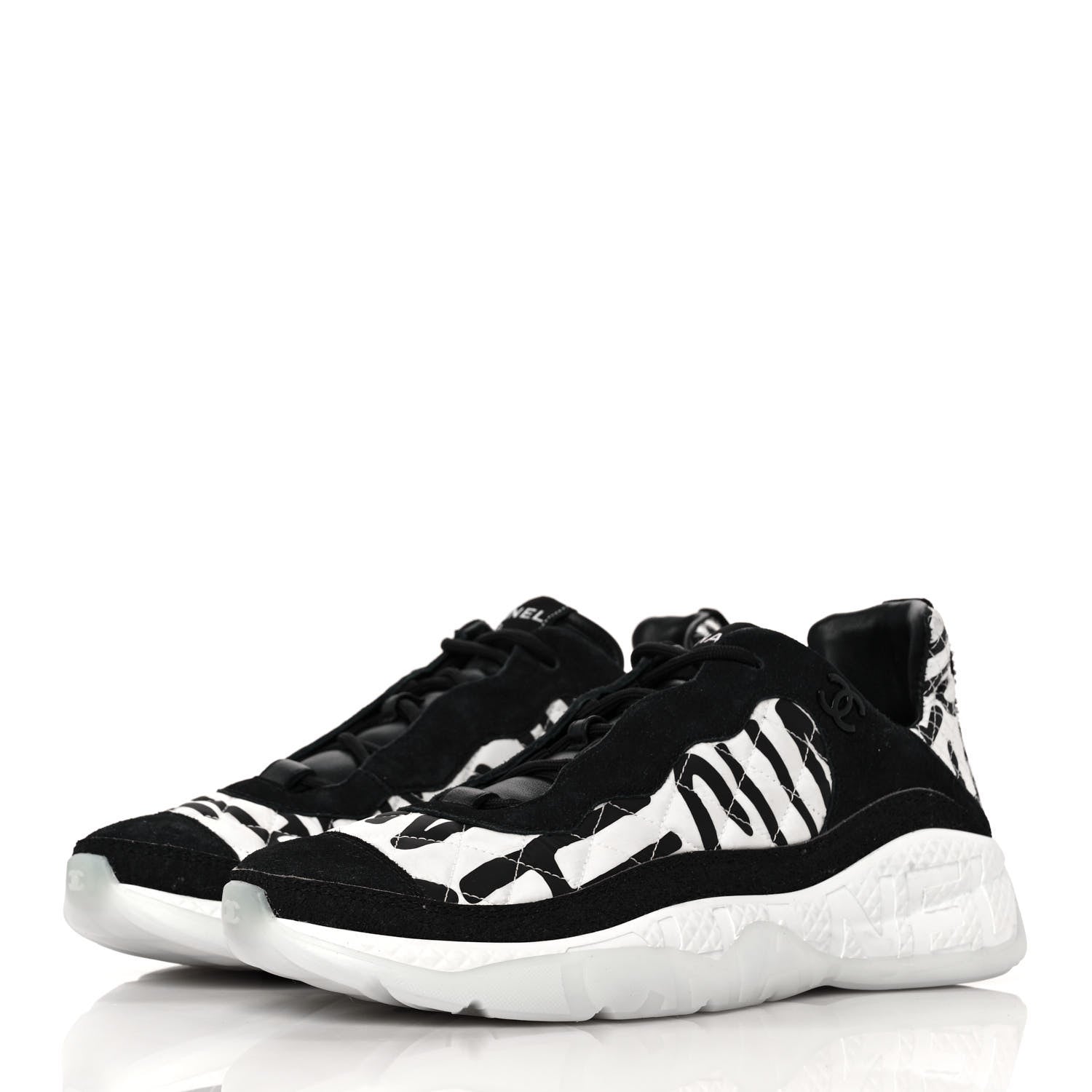 Chanel Nylon Suede Calfskin Printed Sneakers 40.5 White Black 3 of 8