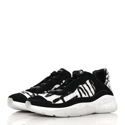 Chanel Nylon Suede Calfskin Printed Sneakers 40.5 White Black 3 of 8