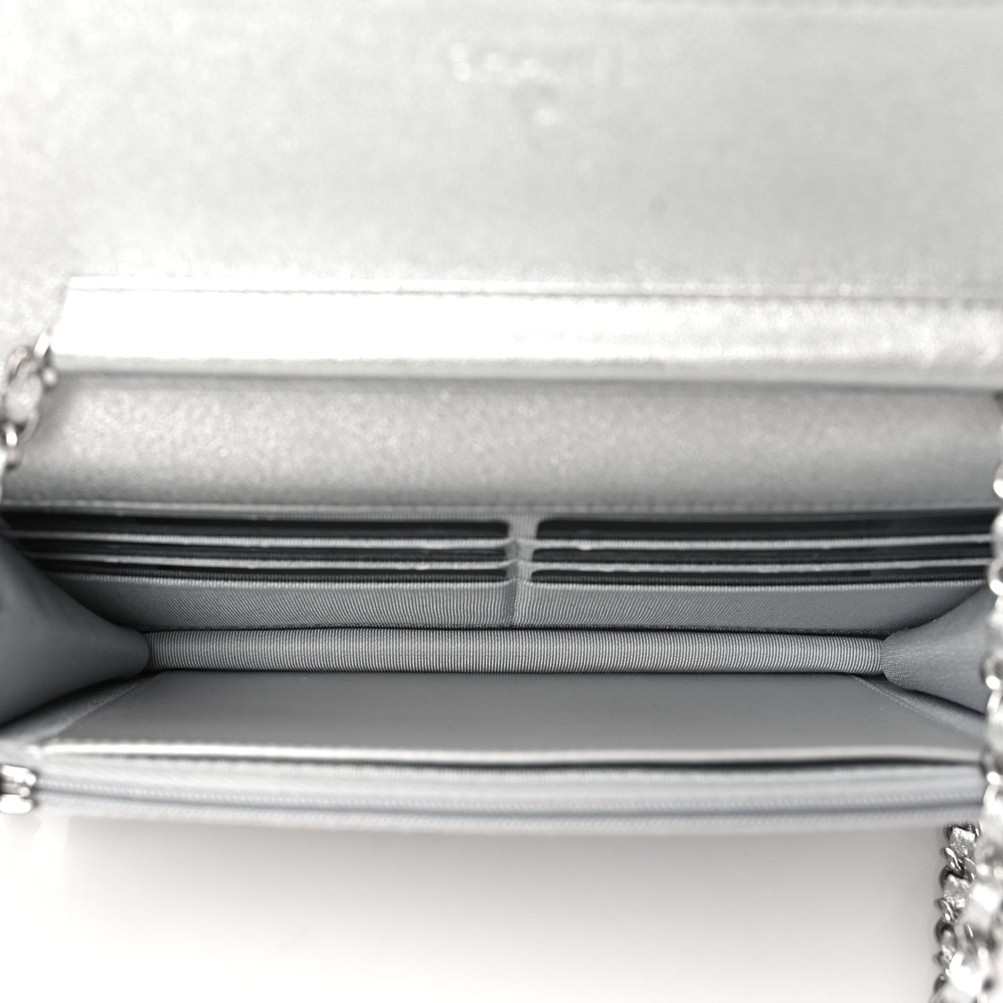 Metallic Lambskin Quilted Wallet On Chain WOC Silver