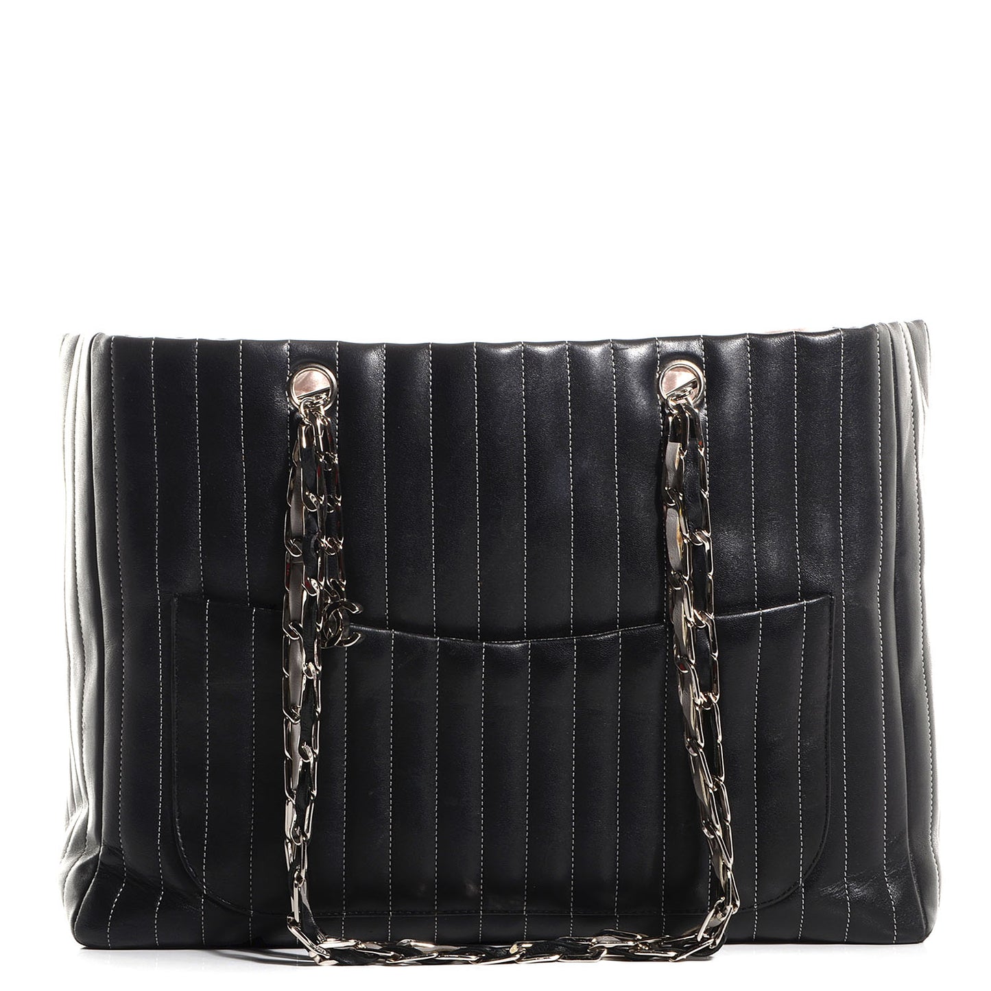 Lambskin Vertical Quilted Large Mademoiselle Tote Black