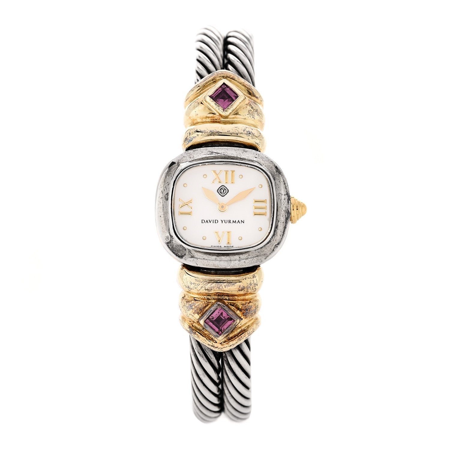 David Yurman Sterling Silver 14K Yellow Gold Mother of Pearl Garnet 21mm Classic Cable Quartz Watch 1 of 6