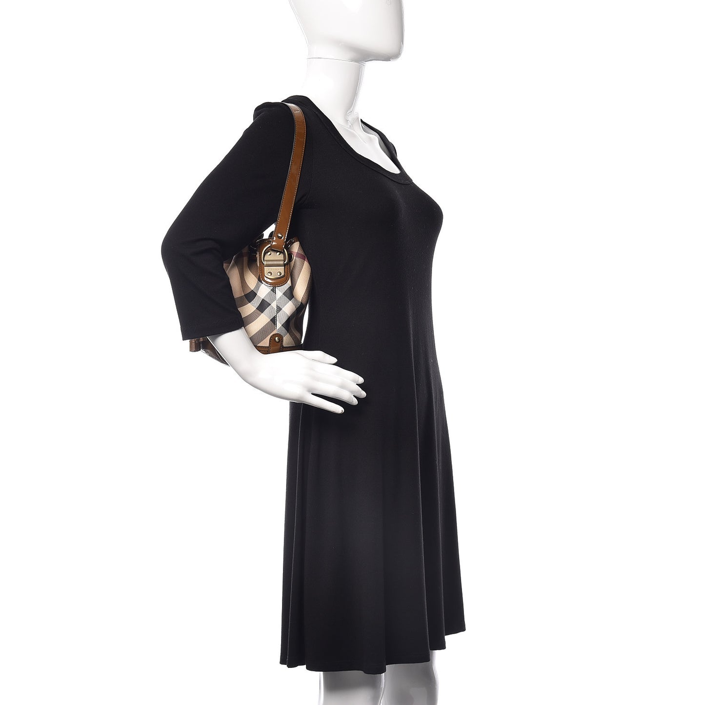 Patent Trim Nova Check Drawstring Bucket Bag Brown