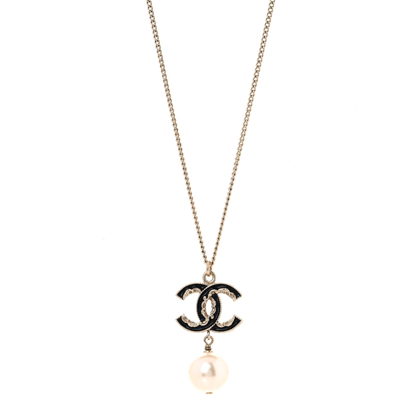 Enamel Pearl CC Baroque Drop Necklace Black Gold