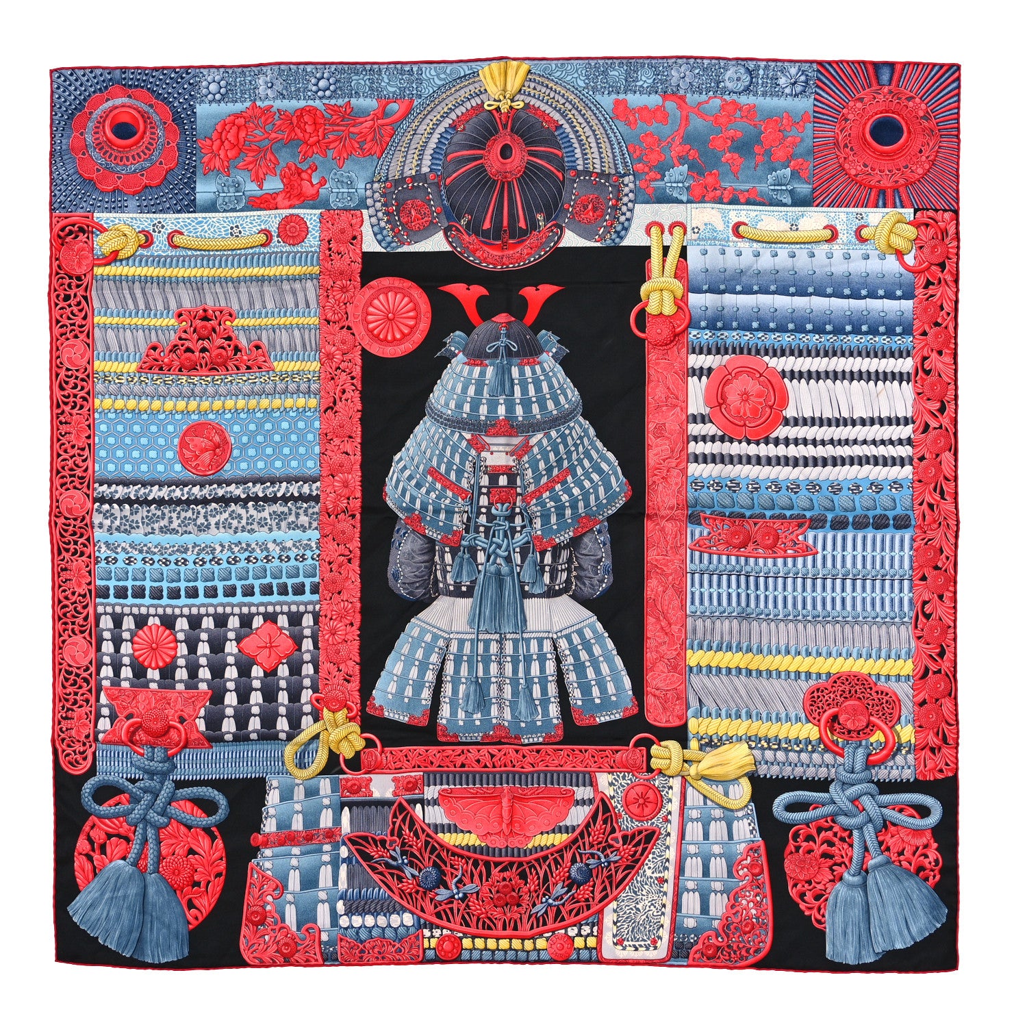 Hermes Silk Parures de Samouraïs Scarf 90 Black Rouge Blue Jean 1 of 4
