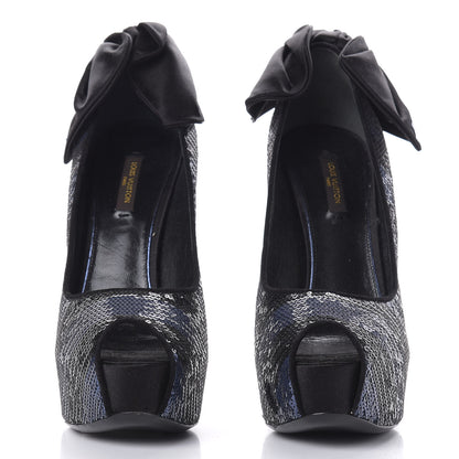 Louis Vuitton Sequin Peep Toe Platform Pumps 39 Blue Black 2 of 9