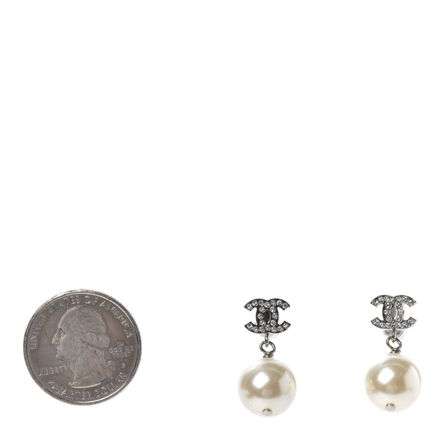 Chanel Crystal Pearl CC Drop Earrings Silver Pearly White 2 of 4