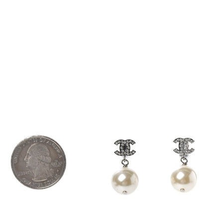 Chanel Crystal Pearl CC Drop Earrings Silver Pearly White 2 of 4