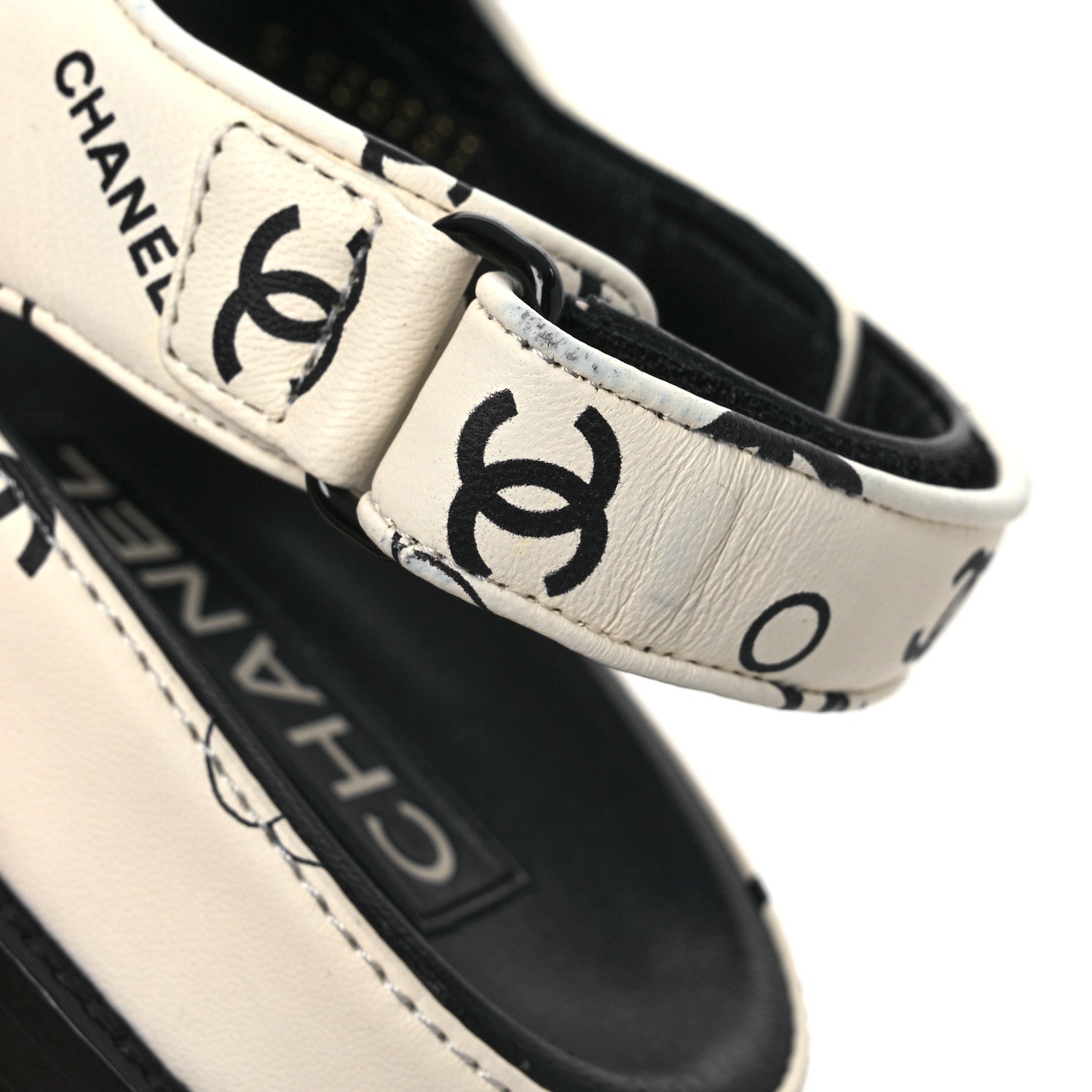 Chanel Lambskin Printed CC Velcro Dad Sandals 37.5 White Black