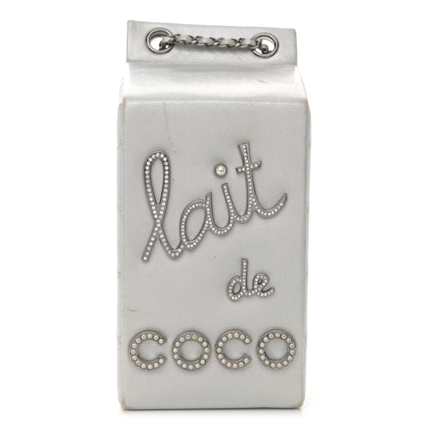 Metallic Goatskin Lait de Coco Milk Carton Bag Silver