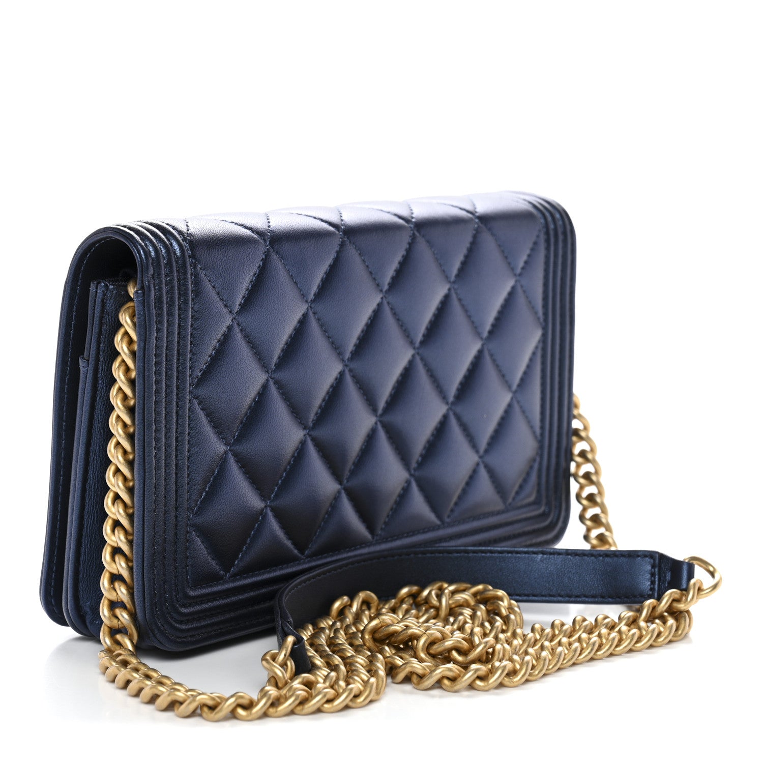 Chanel Metallic Calfskin Quilted Boy Wallet On Chain WOC Navy Blue 3 of 11