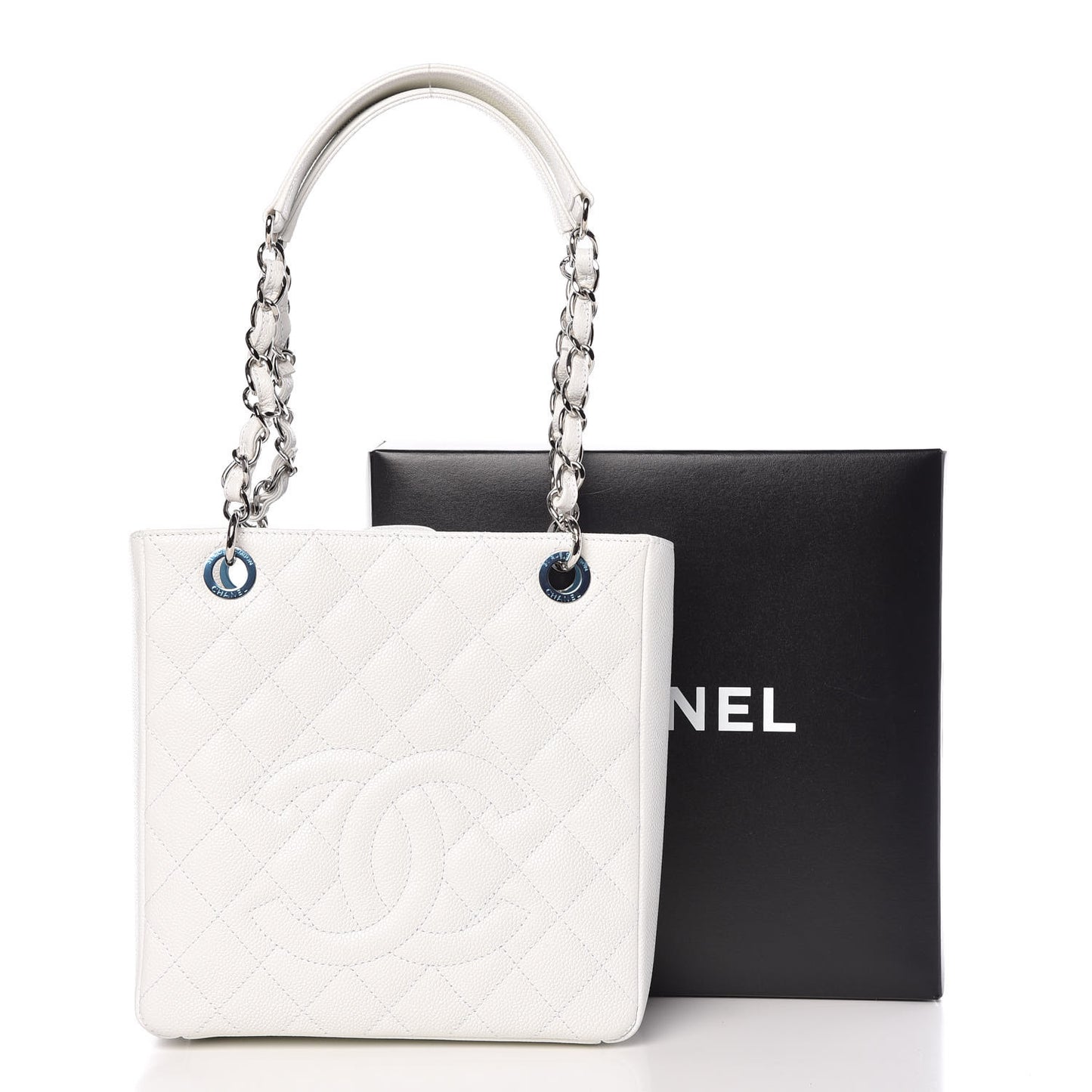 Caviar Quilted Petit Shopping Tote PST White