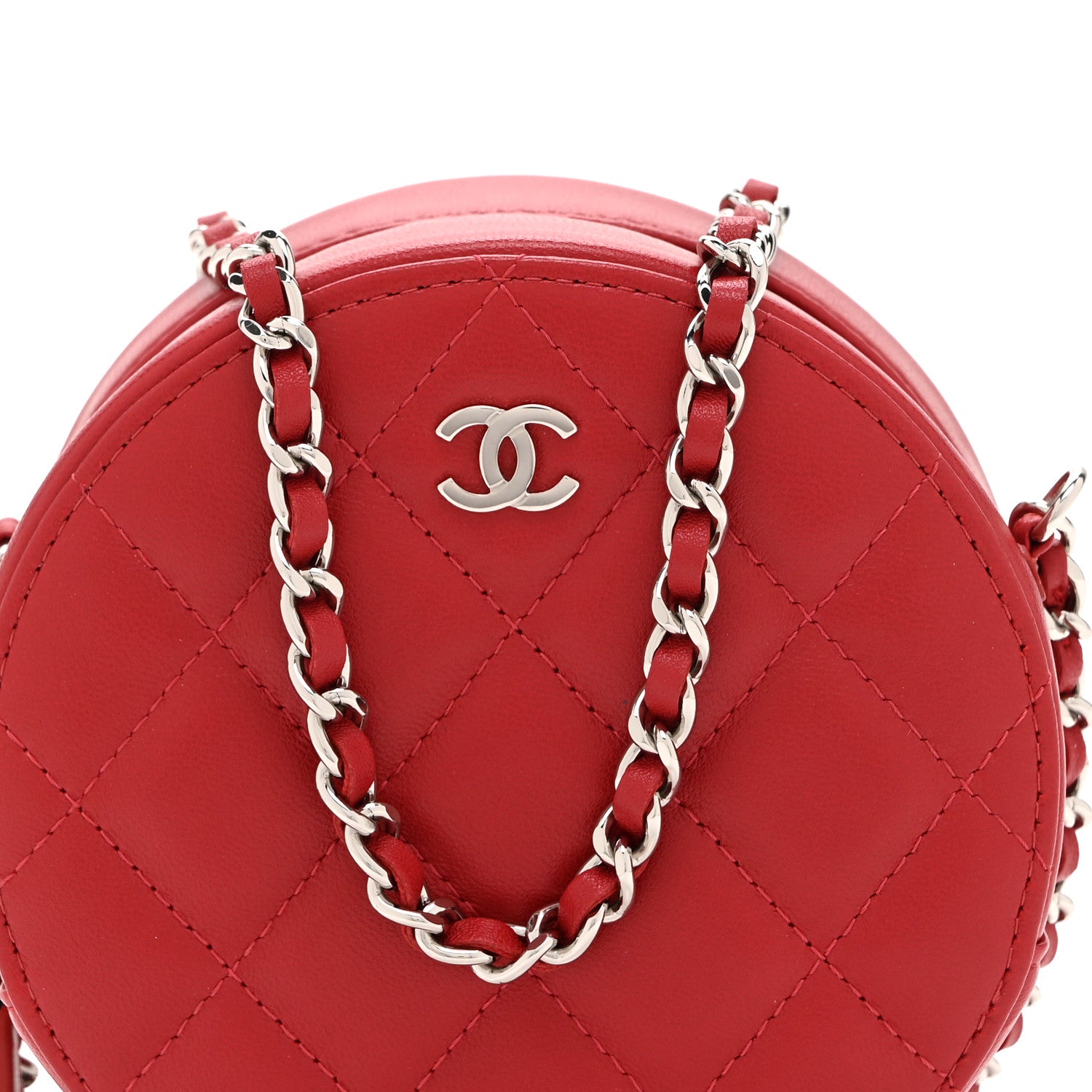 Chanel Lambskin Quilted Round Clutch With Chain Red 8 of 11