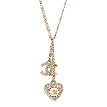 Chanel Pearl Crystal CC Heart Necklace Gold Pearly White 4 of 7