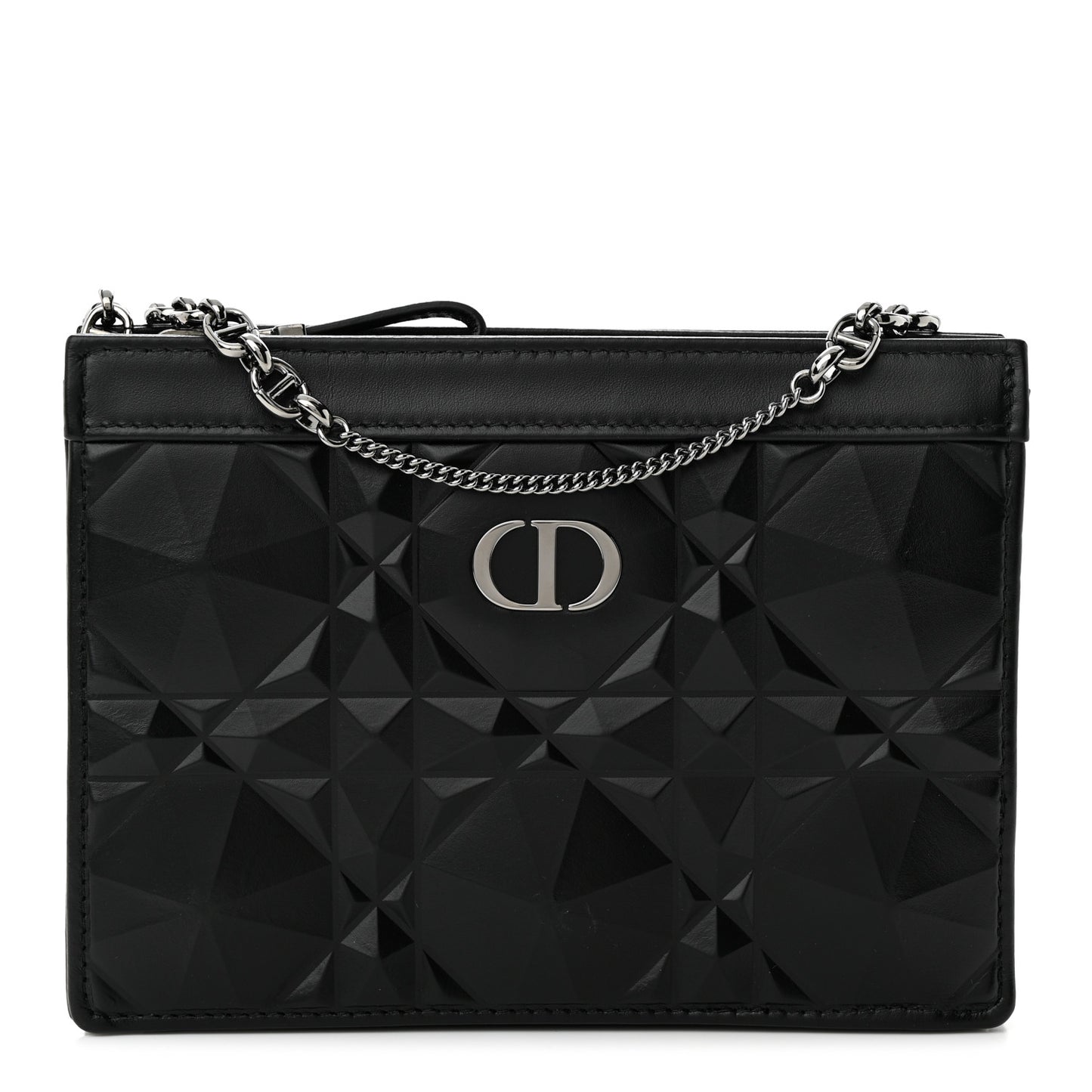 CHRISTIAN DIOR Calfskin Macrocannage Diamond Caro Zipped Pouch With Chain Black