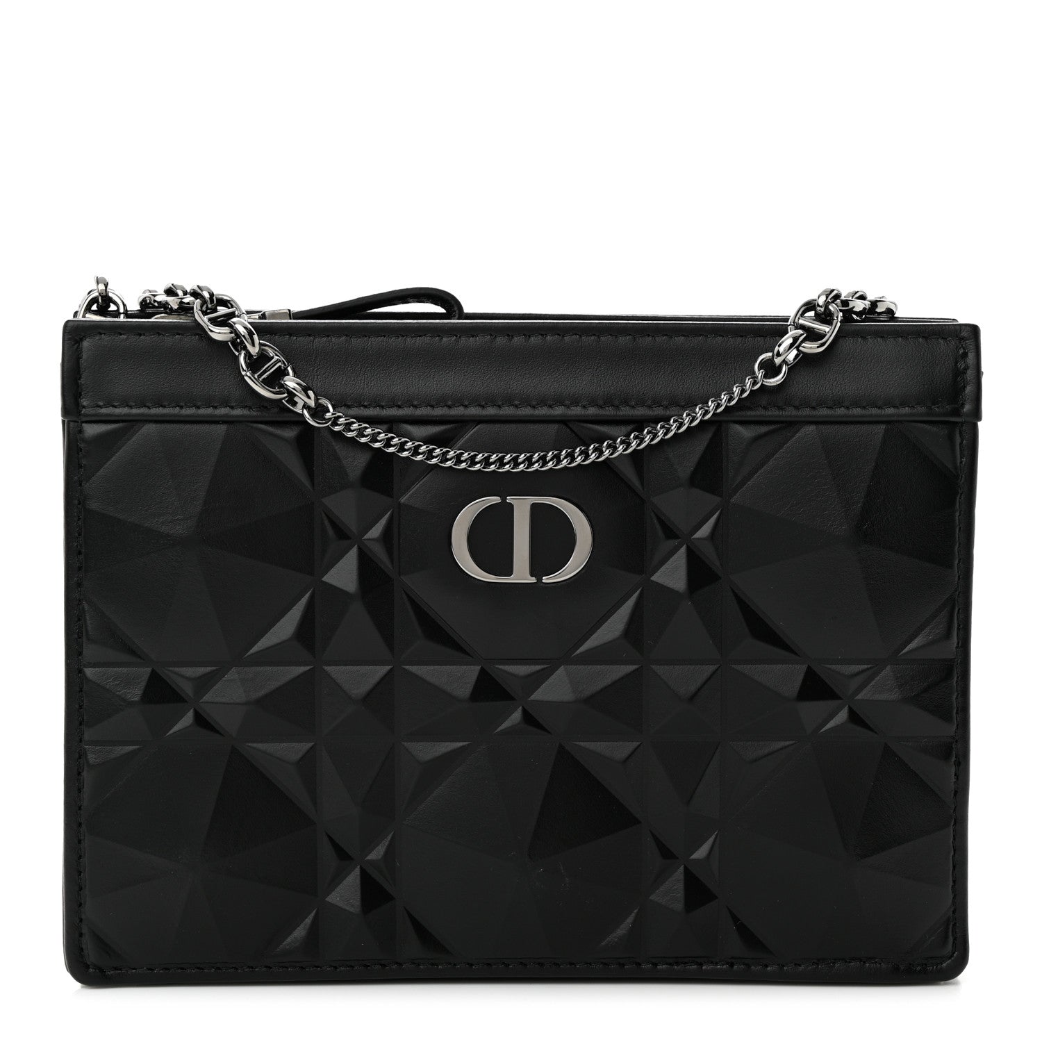 Christian Dior CHRISTIAN DIOR Calfskin Macrocannage Diamond Caro Zipped Pouch With Chain Black 1 of 11