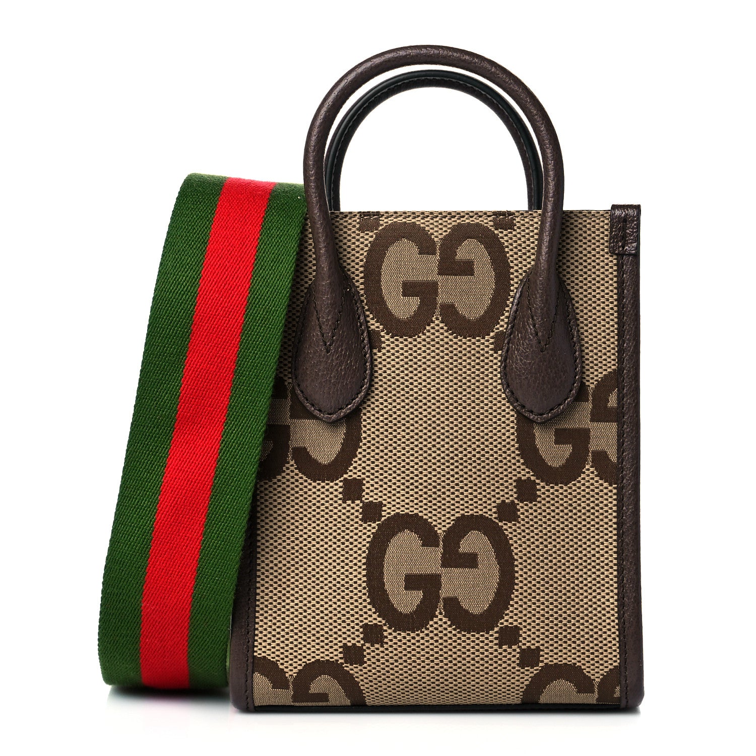 Gucci Monogram Jumbo GG Textured Dollar Calfskin Web Mini Vertical Tote Camel Ebony New Acero 1 of 11