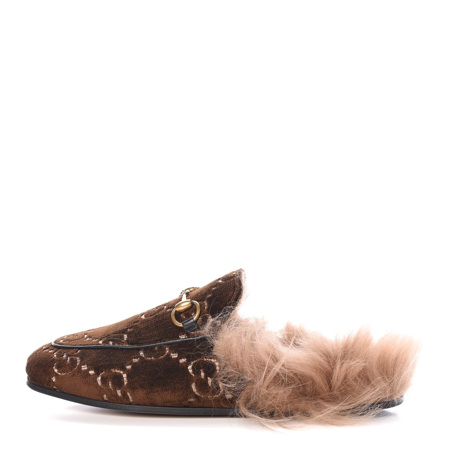 Gucci Velvet GG Monogram Fur Womens Princetown Slippers 35 Brown Black Natural 1 of 8