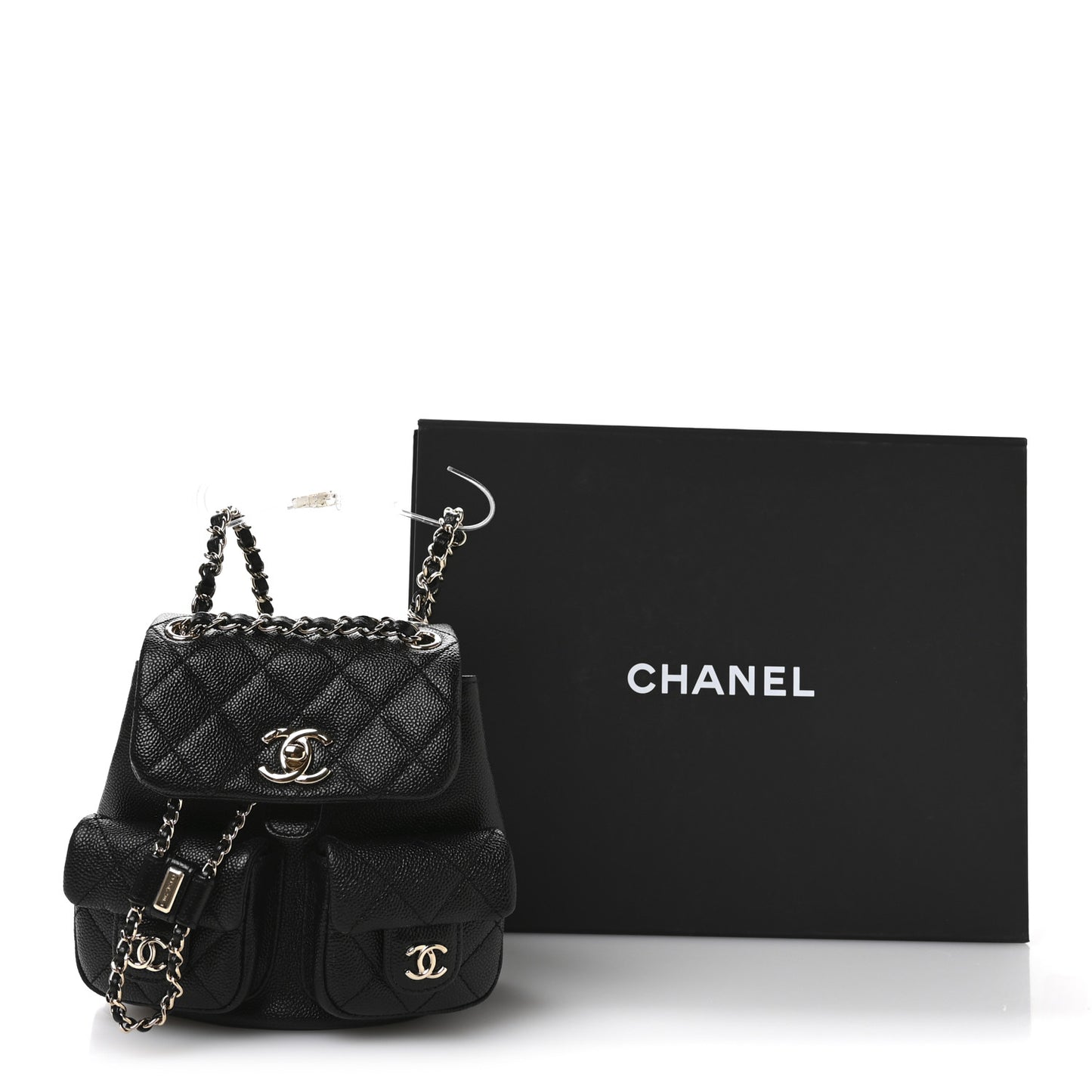 Shiny Caviar Quilted Small Duma Pockets Drawstring Backpack Black