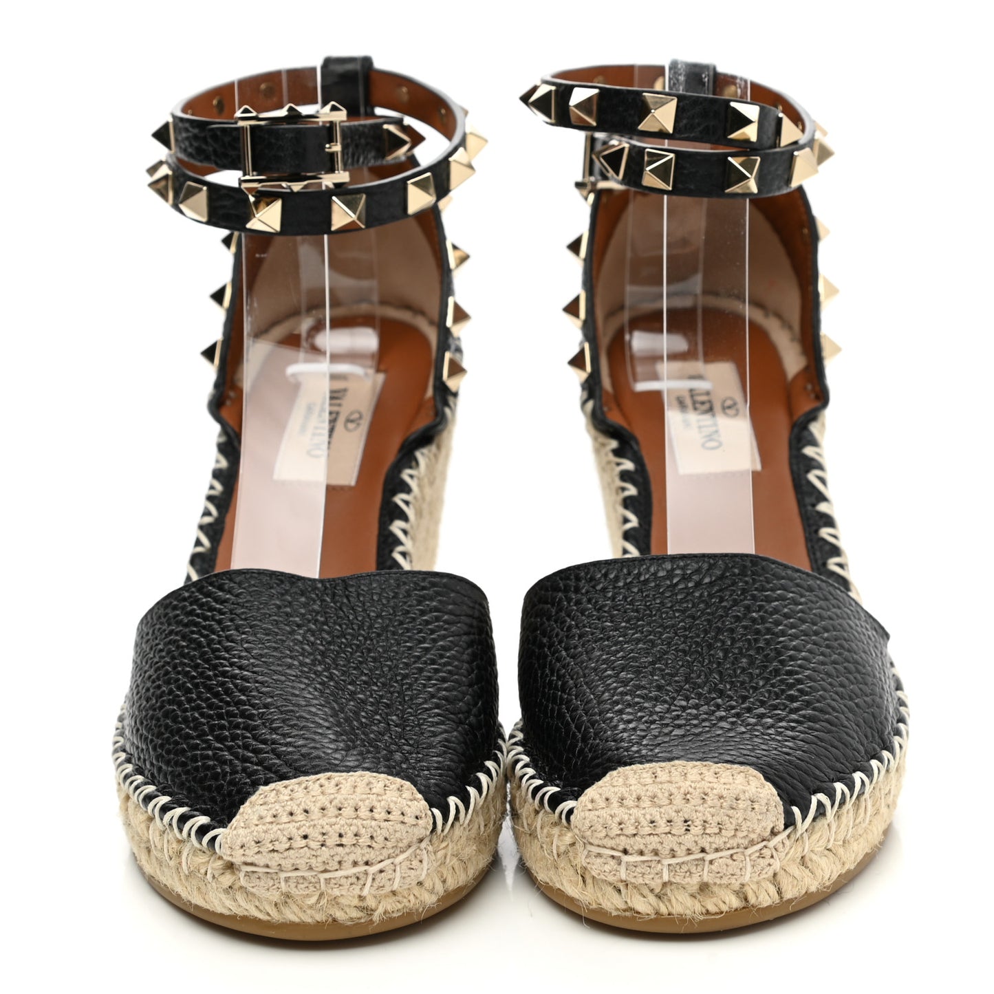 Grained Calfskin Rockstud Ankle Wrap Espadrille 15/85mm Wedges 35 Black Light Cuir