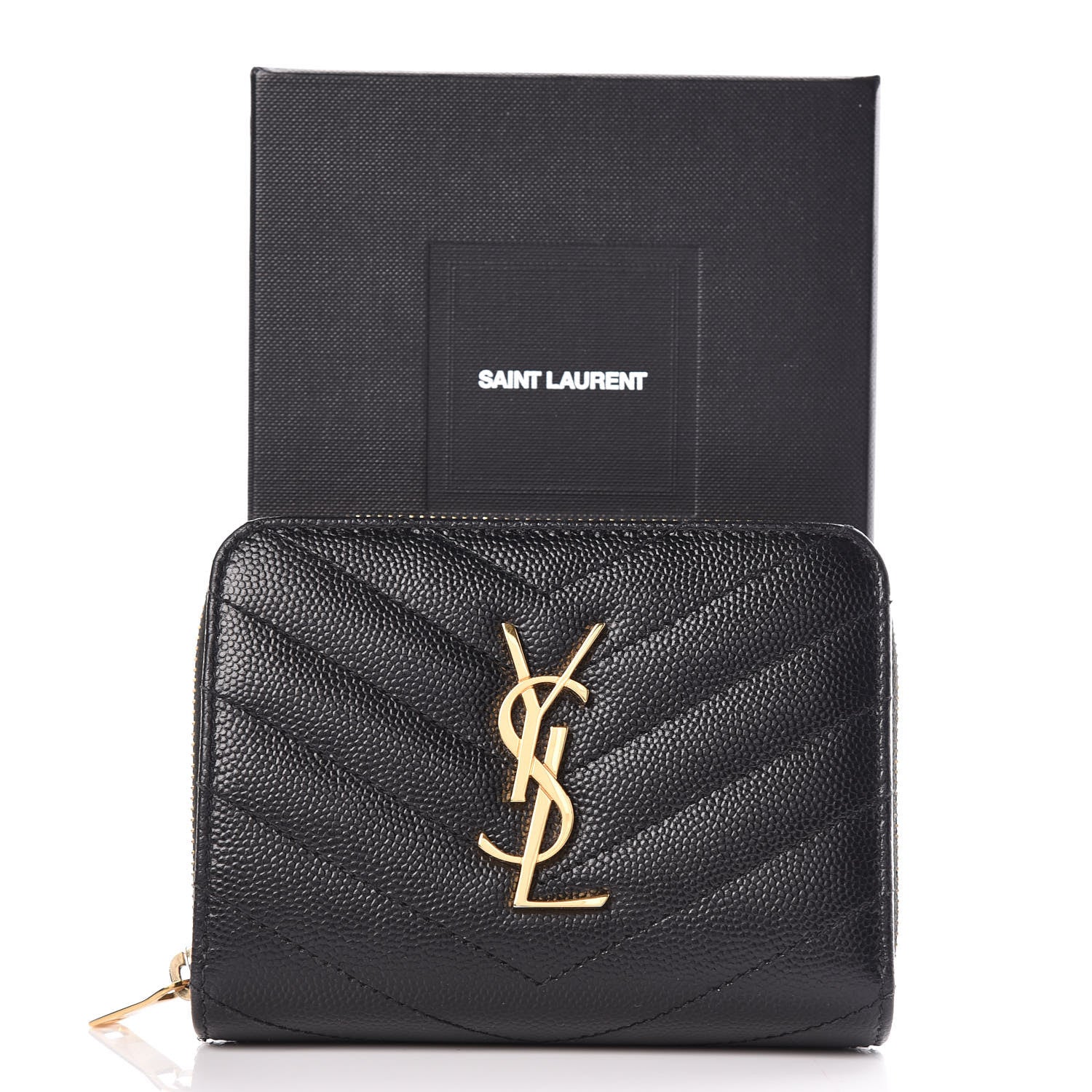 Saint Laurent Grain De Poudre Matelasse Chevron Monogram Compact Zip Around Wallet Black 10 of 10