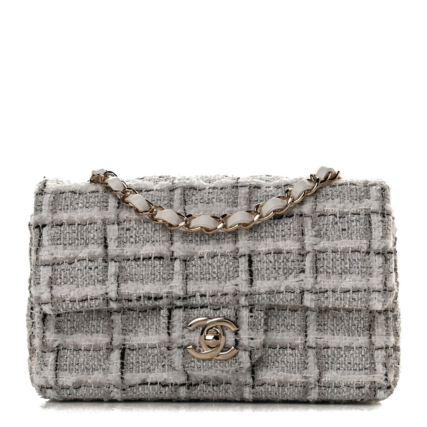 Tweed Quilted Mini Rectangular Flap White Grey