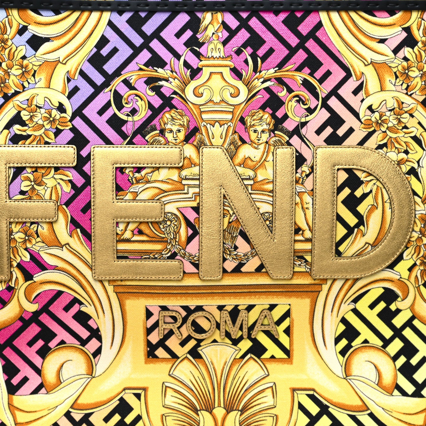 X VERSACE Canvas Printed Plexiglass Fendace FF Baroque XL Fendi Sunshine Shopper Tote Gold