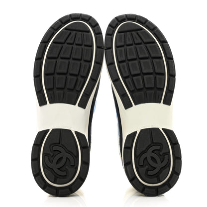 Chanel Fabric Suede Calfskin Mesh Womens CC Sneakers 43 Black Blue Ivory 5 of 11