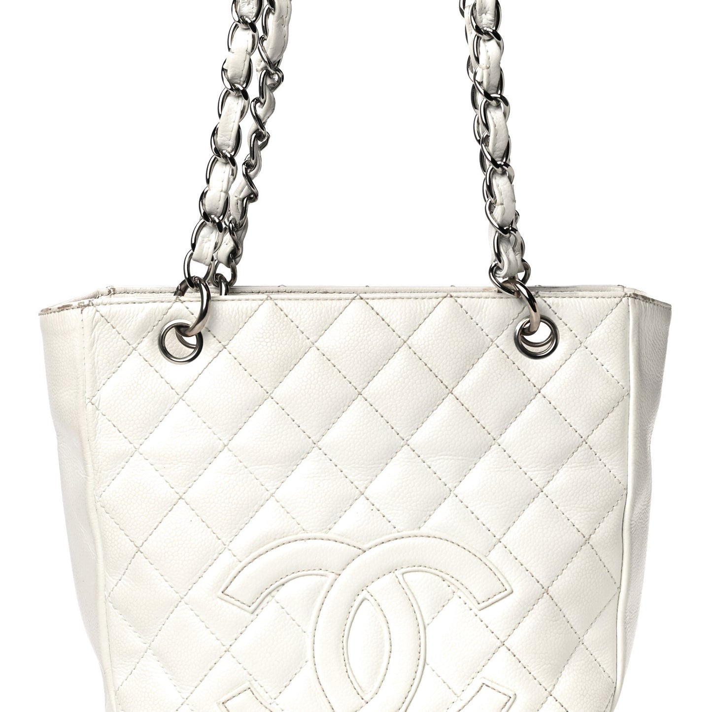 Caviar Quilted Petit Shopping Tote PST White