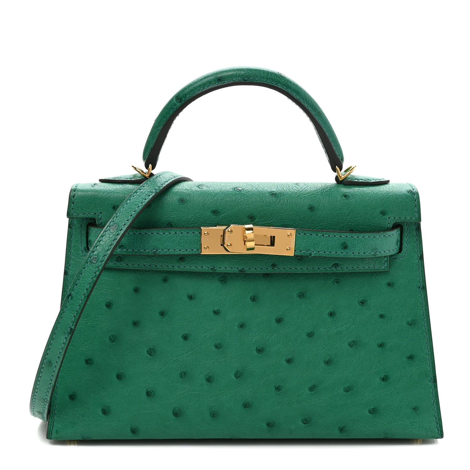 Hermes Ostrich Horseshoe Kelly Sellier Mini 20 Vert Vertigo Gold 1 of 7