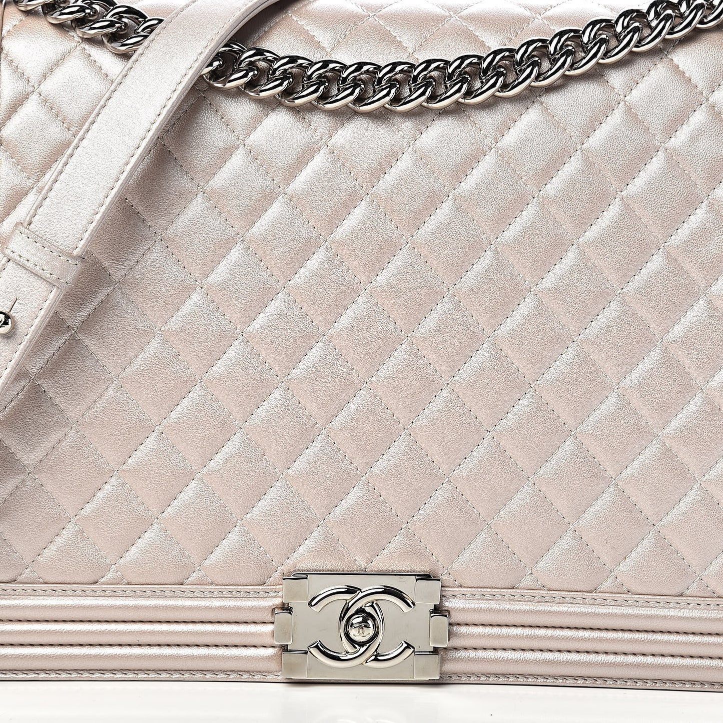 Metallic Lambskin Quilted Large Boy Flap Light Beige
