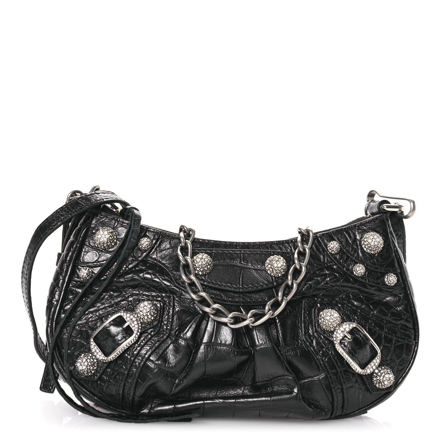 Balenciaga Extra Supple Calfskin Crocodile Embossed Crystal Le Cagole Mini Purse With Chain Black 1 of 10