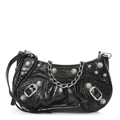 Balenciaga Extra Supple Calfskin Crocodile Embossed Crystal Le Cagole Mini Purse With Chain Black 1 of 10