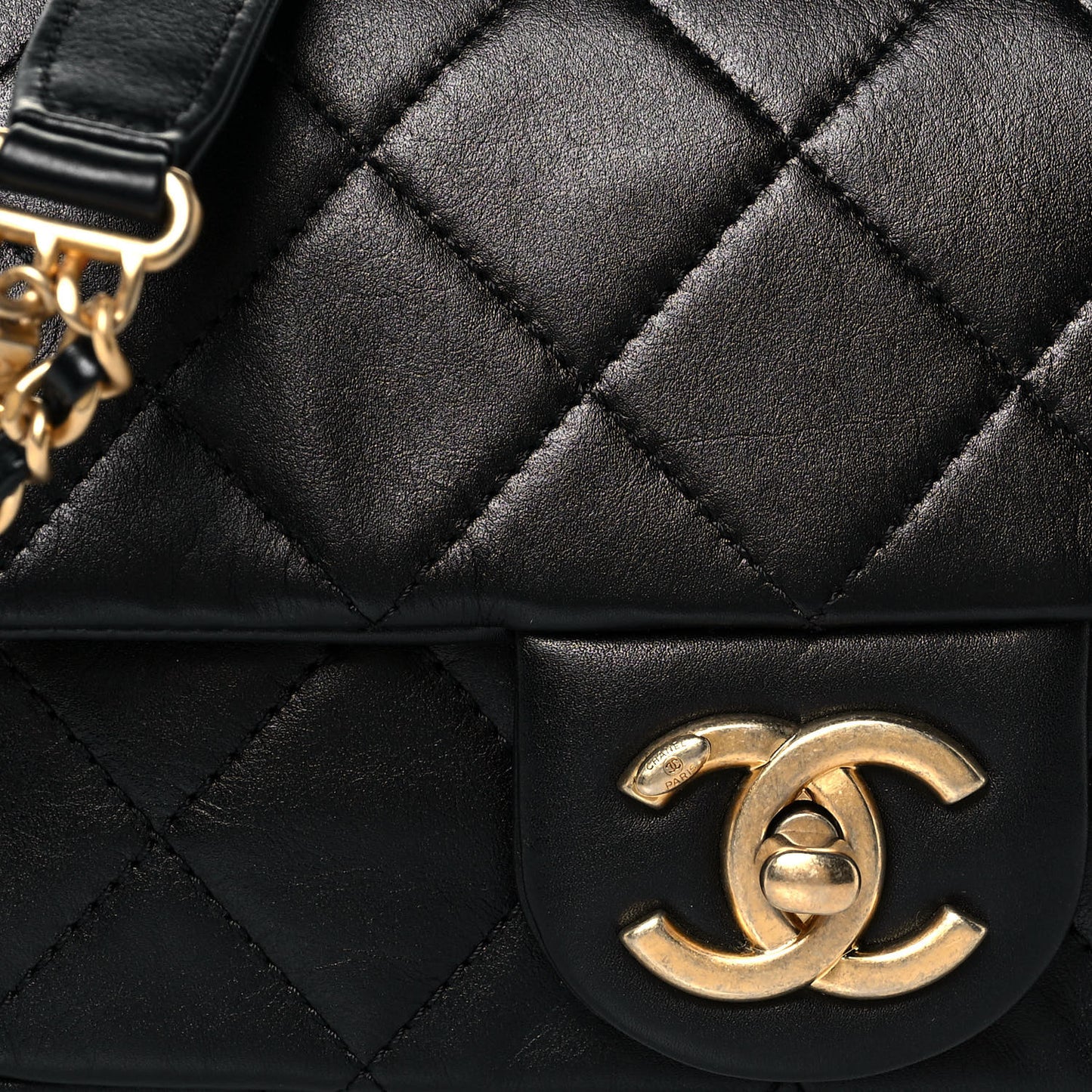Calfskin Quilted Mini Rectangular Crystal Pearls Chain Flap Black