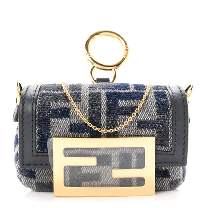 Fendi Fabric Vitello Jacquard FF Nano Maxi Buckle Baguette Charm Blue Grey 14 of 19