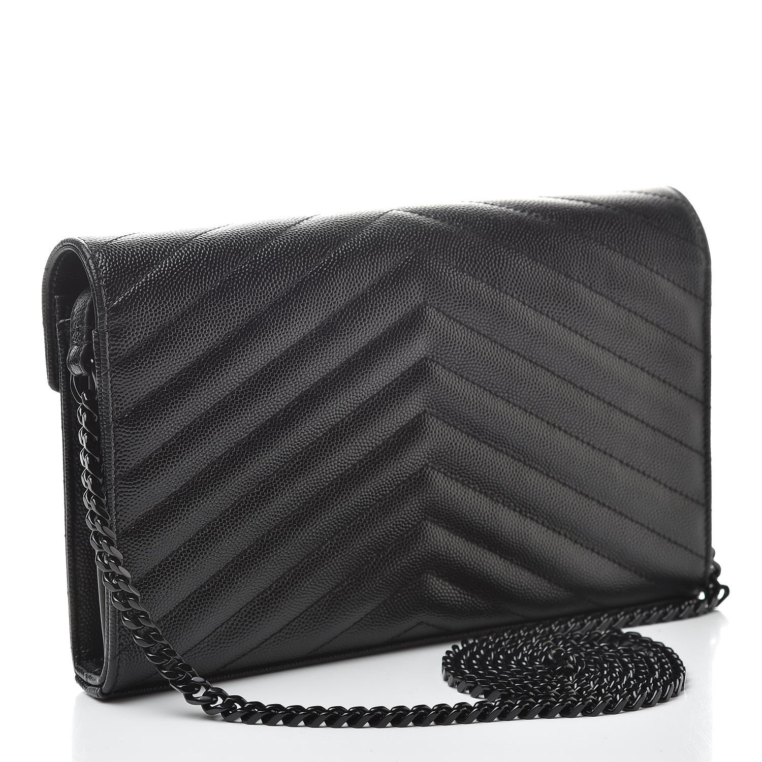 Saint Laurent Grain De Poudre Matelasse Chevron Monogram Chain Wallet Black 3 of 12