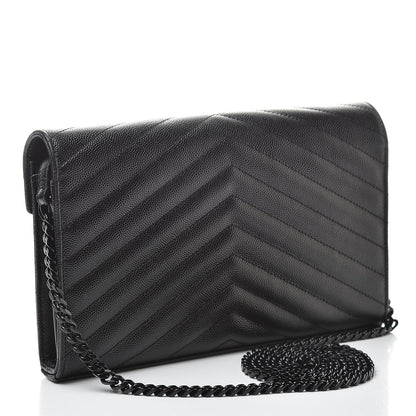 Saint Laurent Grain De Poudre Matelasse Chevron Monogram Chain Wallet Black 3 of 12