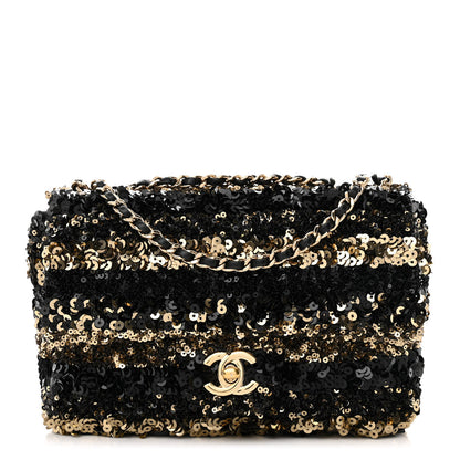 Chanel Sequin Striped Classic Mini Flap Black Gold 1 of 13