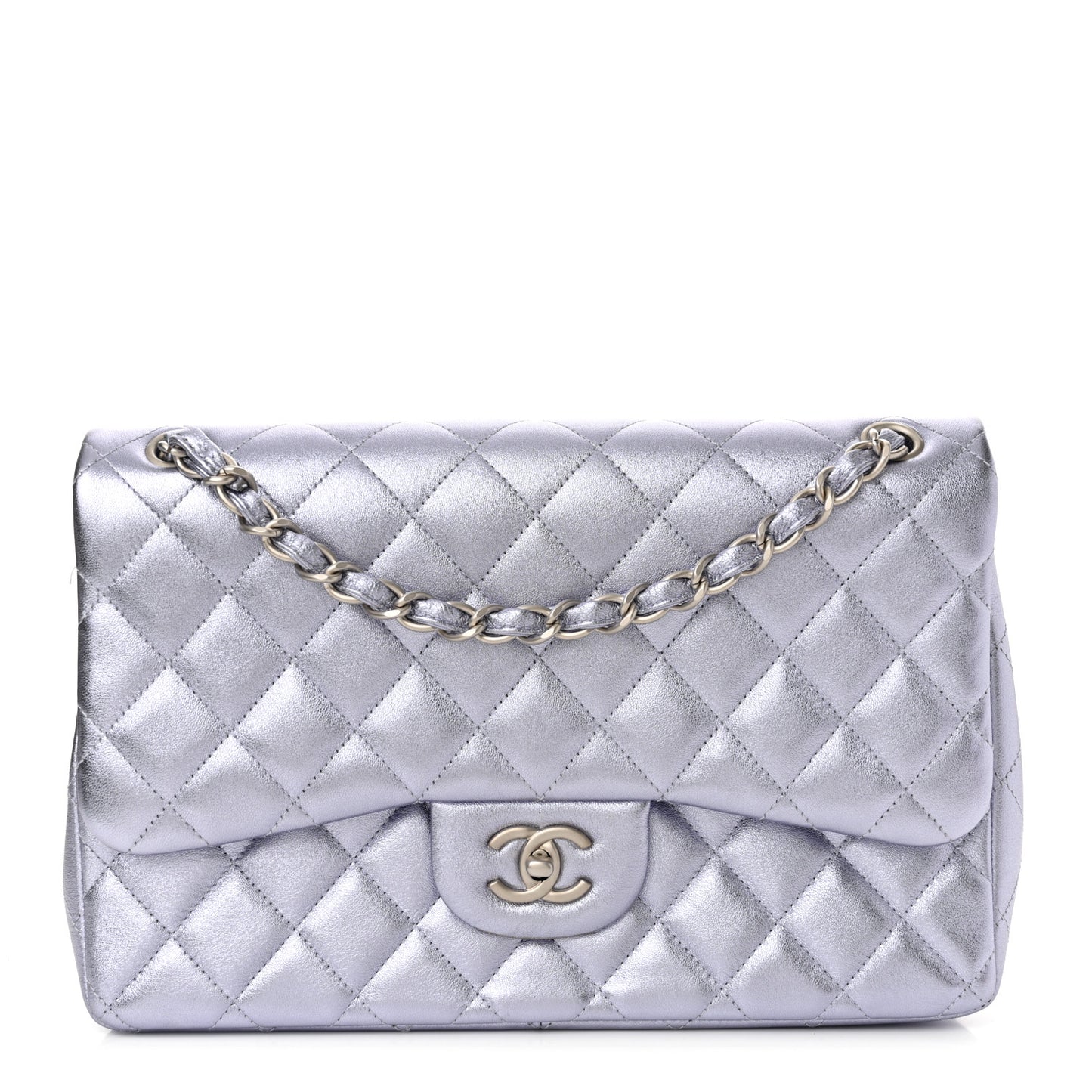 Metallic Lambskin Quilted Jumbo Double Flap Light Purple